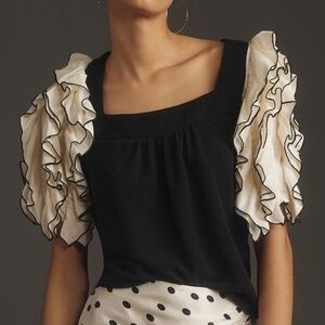 Anthropologie Black and White Ruffle Sleeve Blouse